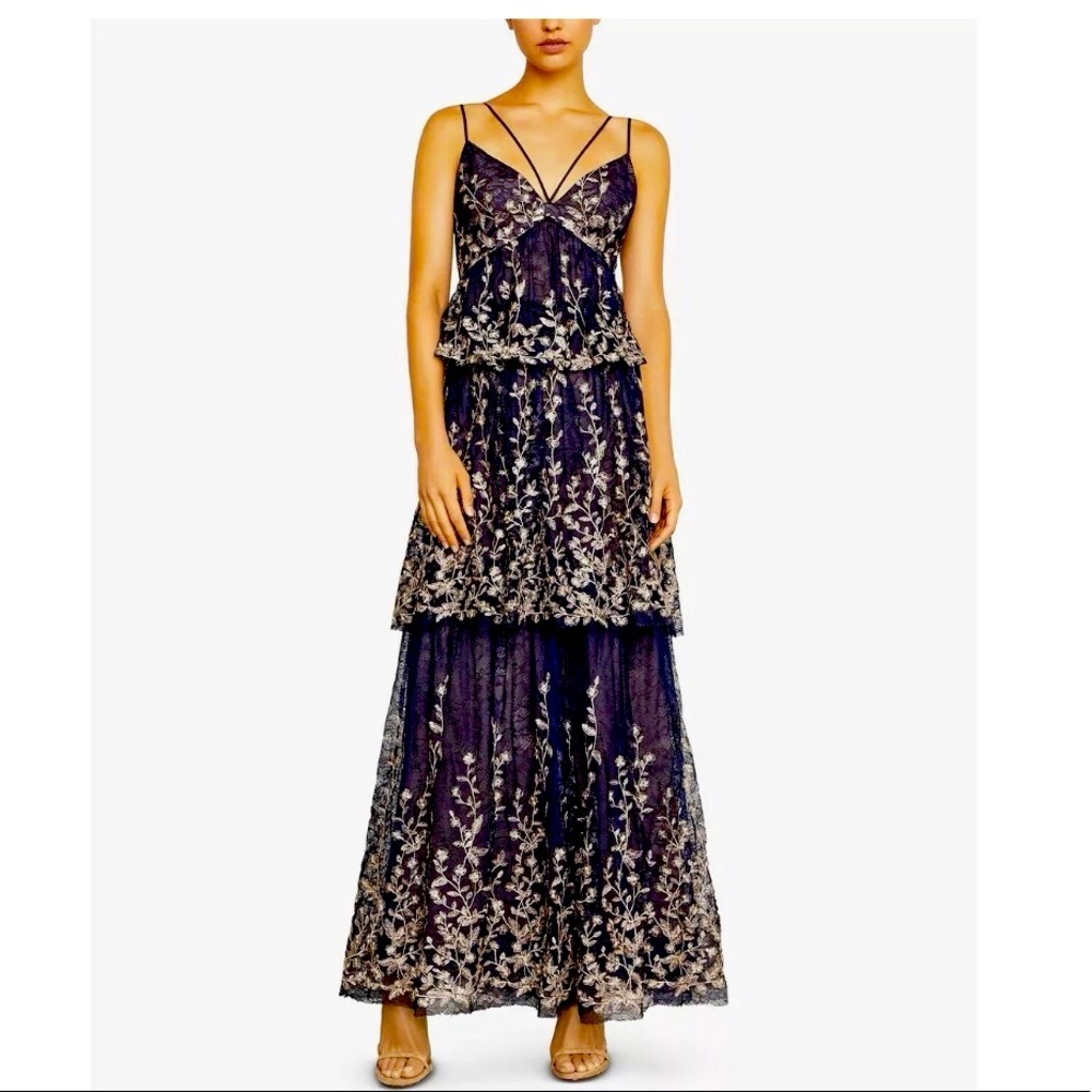 BCBGMaxazria Lace Floral Embroidered Tiered Ruffle White and Blue Gown Sz.0